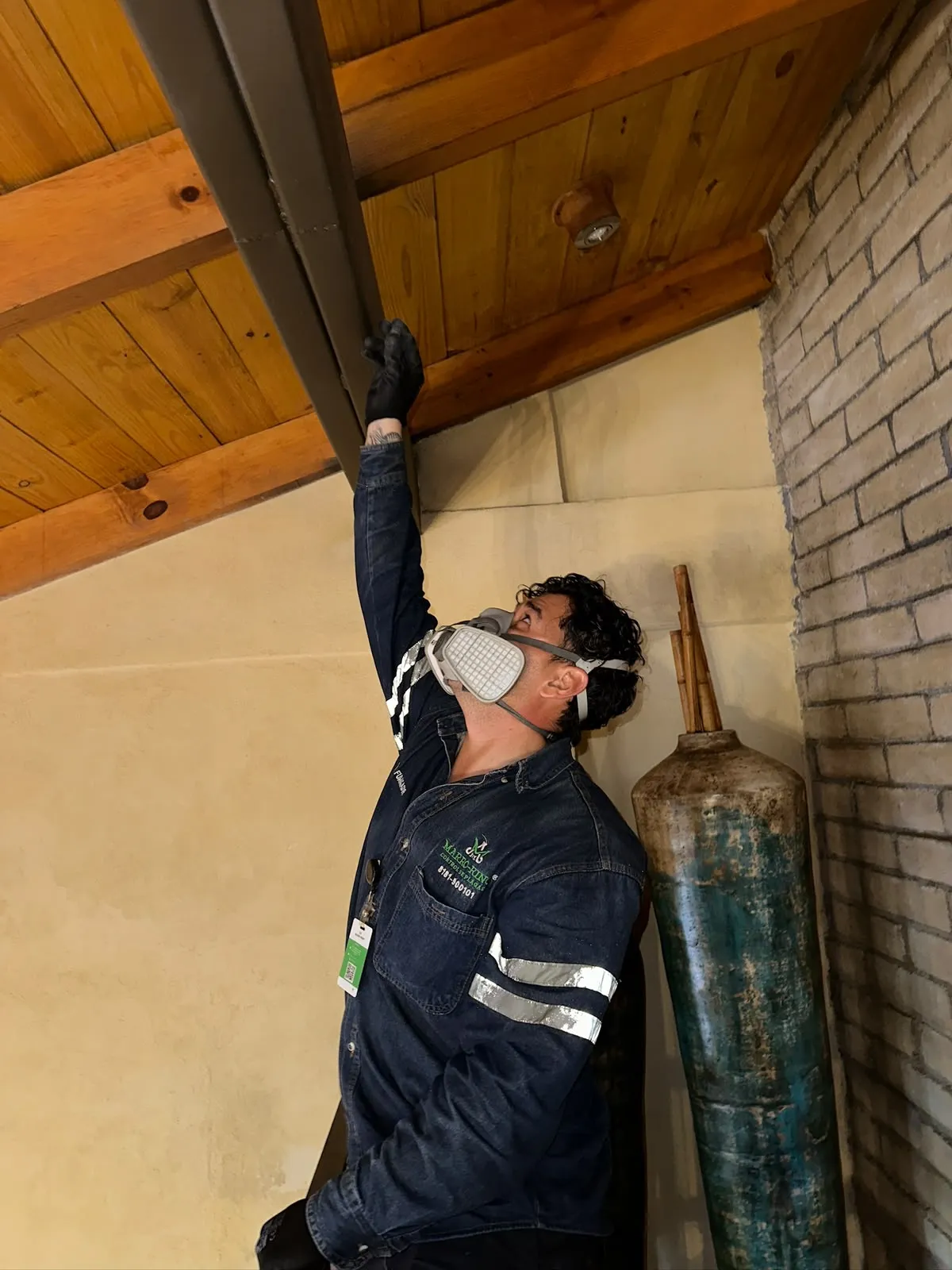 Técnico de Marro-King revisando vigas de madera por termitas